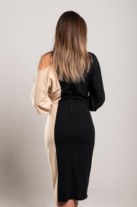 Elegancka sukienka midi z geometrycznym nadrukiem w kolorze czarno-beżowym