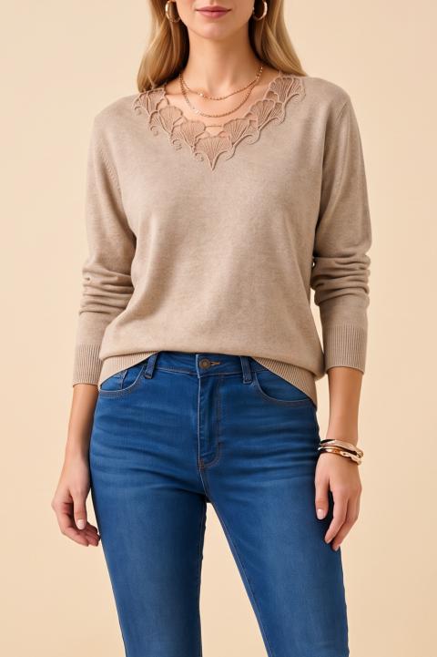 Sweter z haftem, khaki