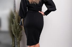 Elegancka sukienka midi z geometrycznym nadrukiem, czarna