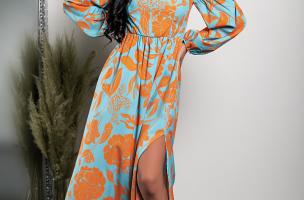 Elegancka sukienka maxi z nadrukiem Montella, pomarańczowa