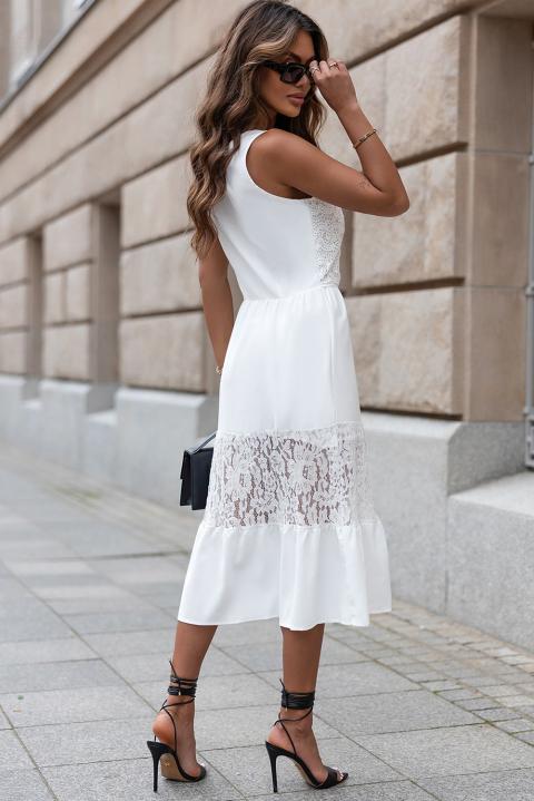 Elegancka sukienka maxi z koronkowymi i szydełkowymi detalami, biała